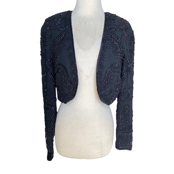 Adrianna Papell Vintage Silk Hand Beaded Cropped Jacket In Black - Picture 2 of 8